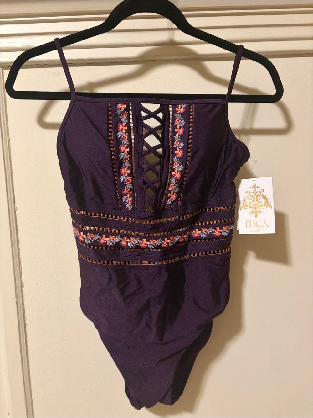 BECCA Purple Modest One-Piece Swimsuit Floral Embroidery CrissCross Tie Back